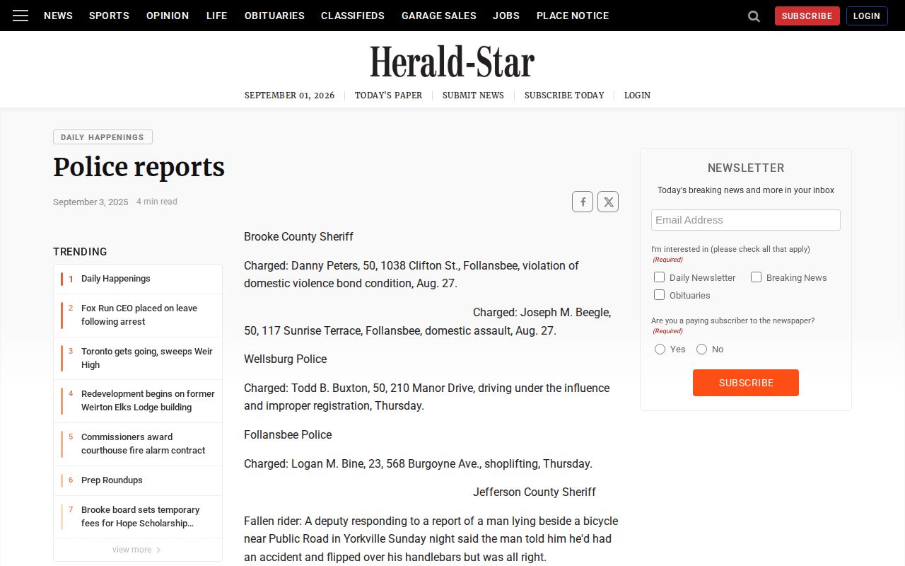 Herald-Star Brooke County police-report news record reference