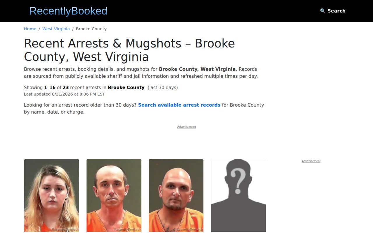 RecentlyBooked Brooke County secondary booking-record reference