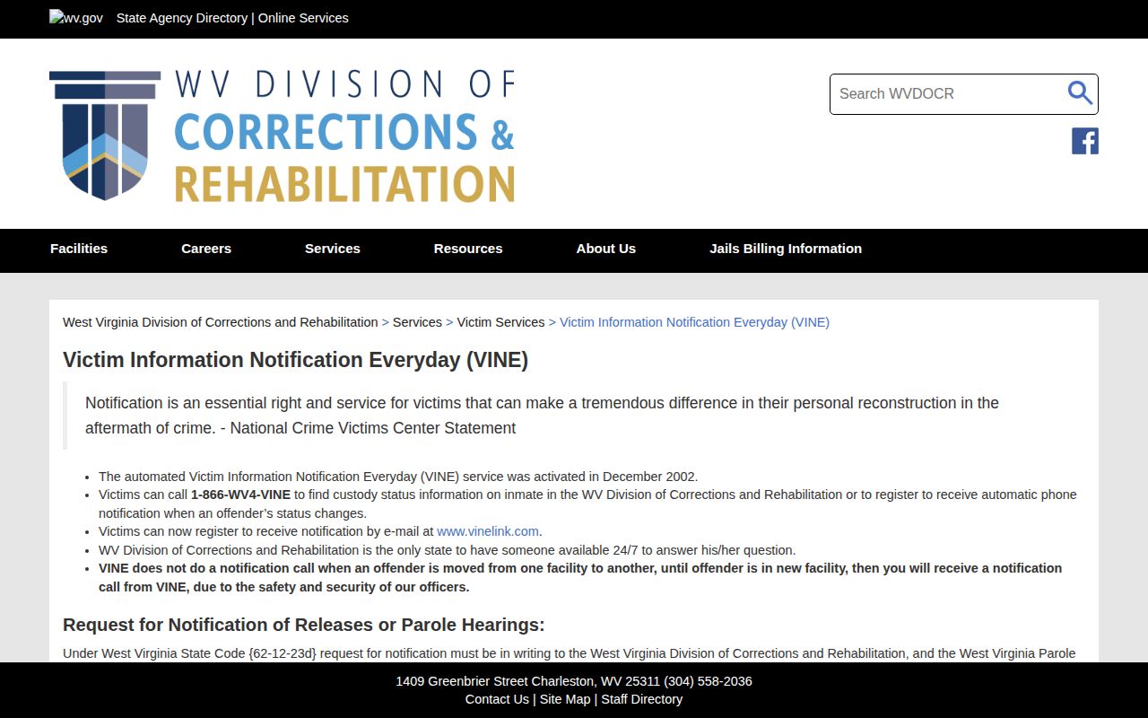 West Virginia Division of Corrections and Rehabilitation VINE notification page