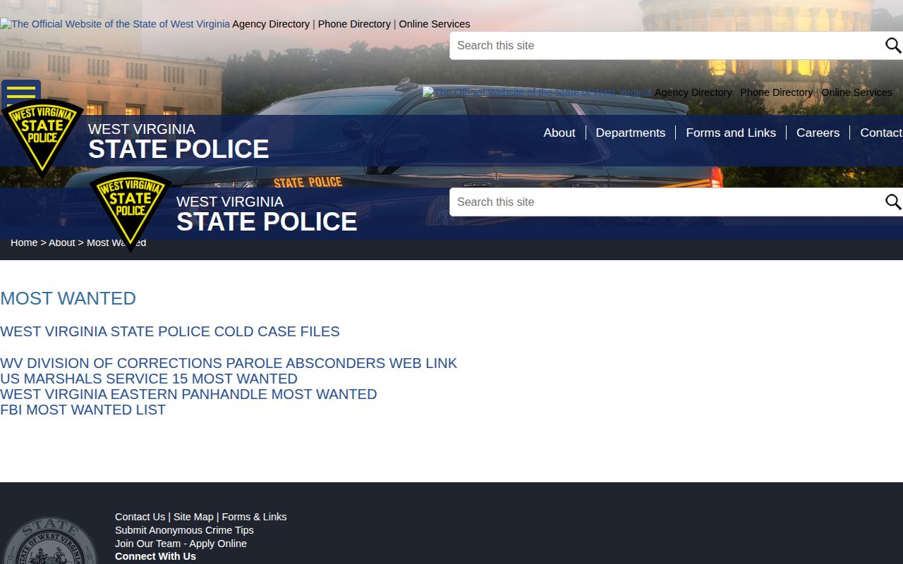 West Virginia State Police statewide wanted-record reference for Brooke County warrant checks
